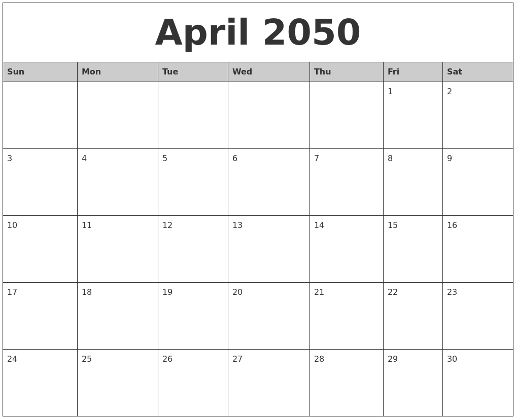 April 2050 Monthly Calendar Printable