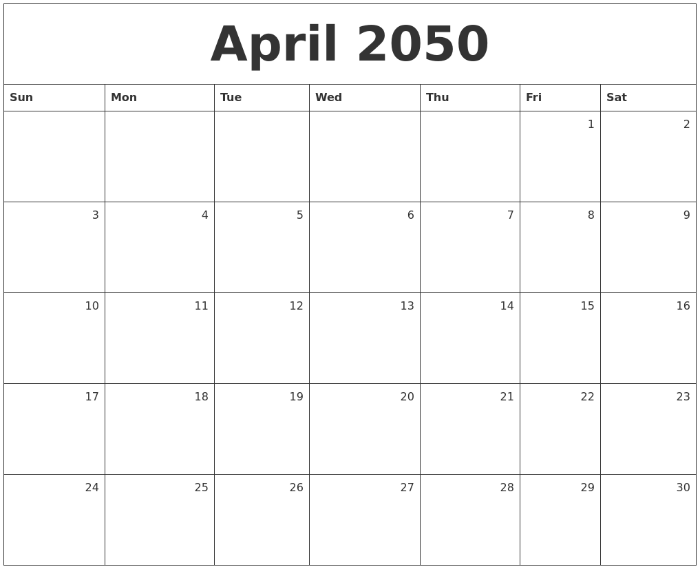 April 2050 Monthly Calendar