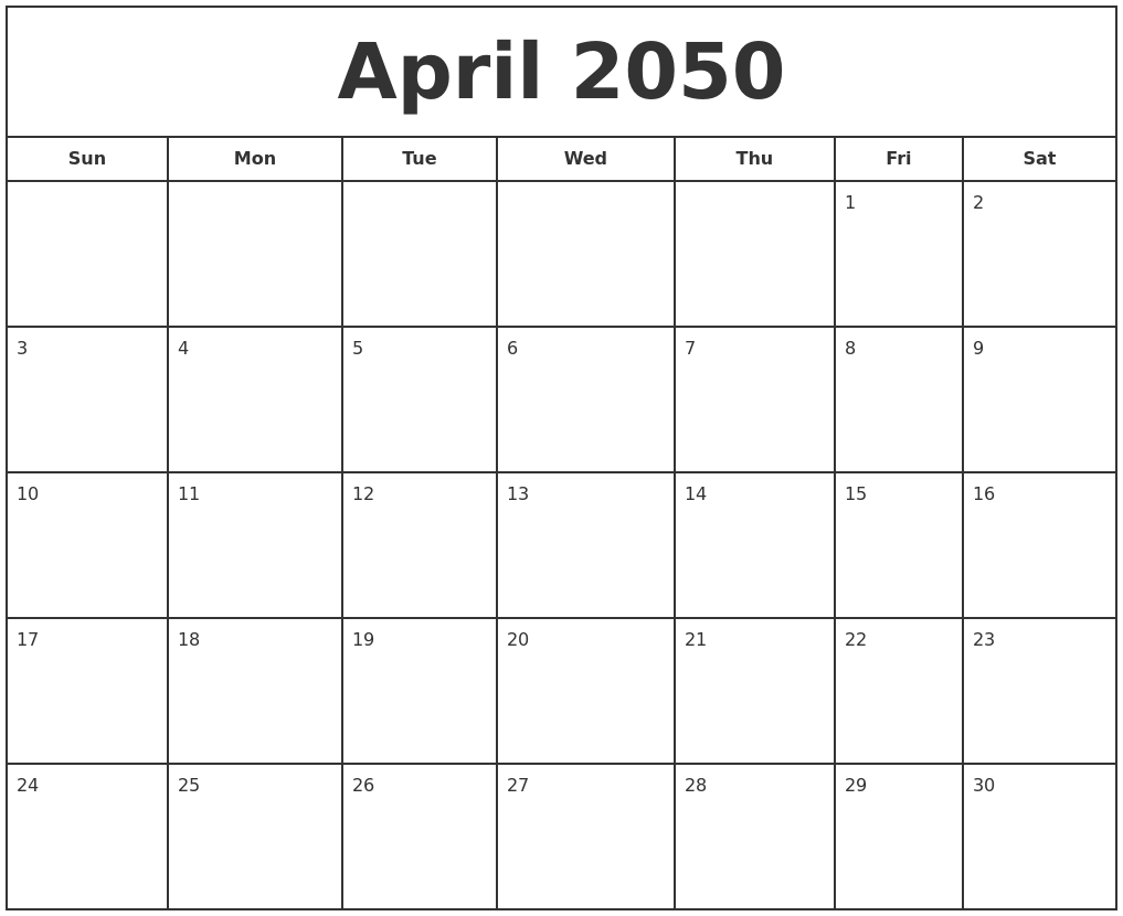 April 2050 Print Free Calendar