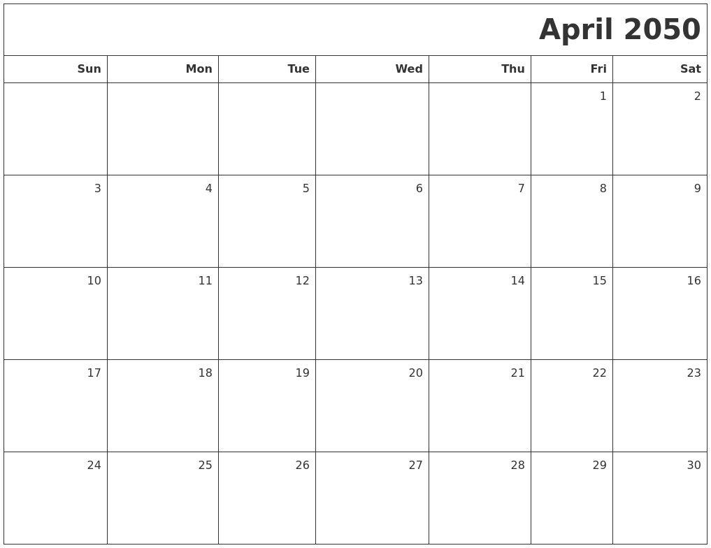 April 2050 Printable Blank Calendar