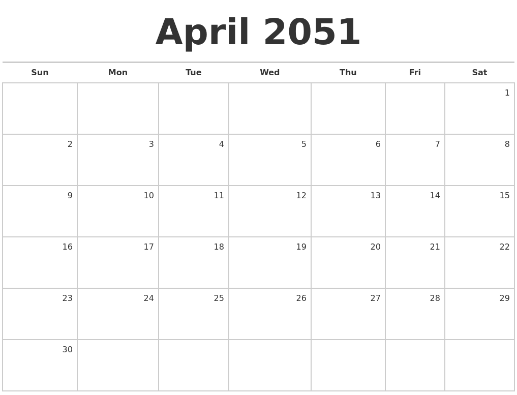 April 2051 Blank Monthly Calendar