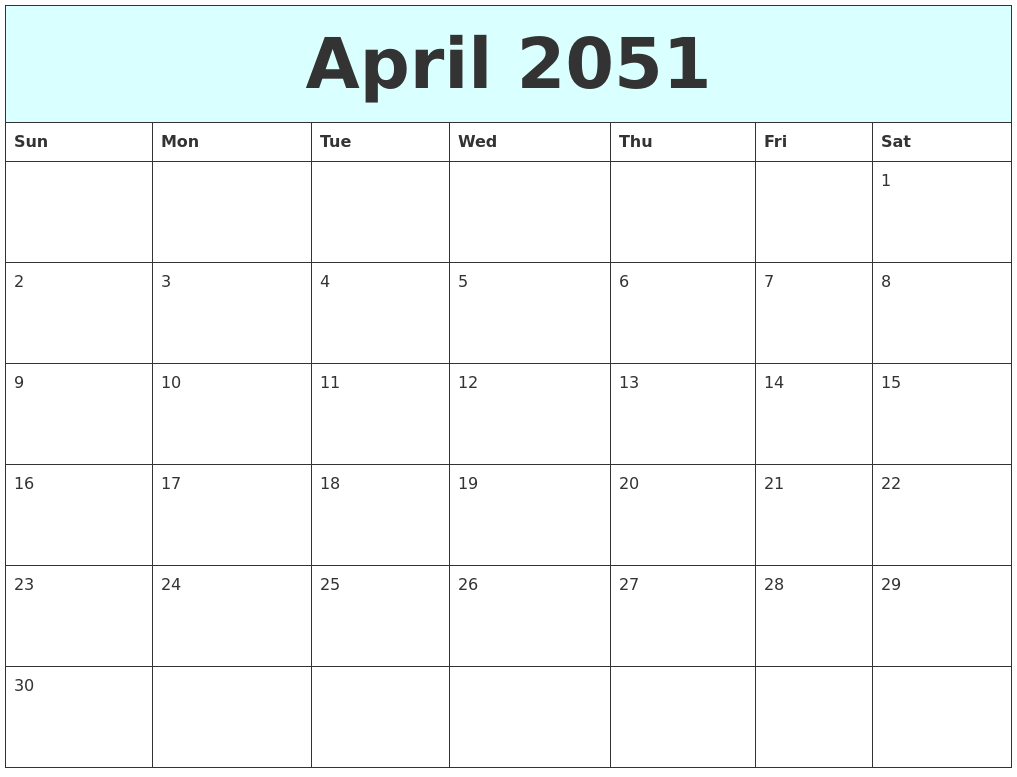April 2051 Free Calendar