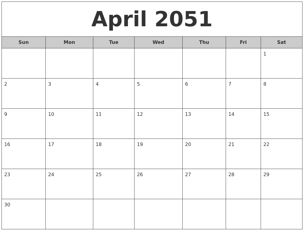 April 2051 Free Monthly Calendar