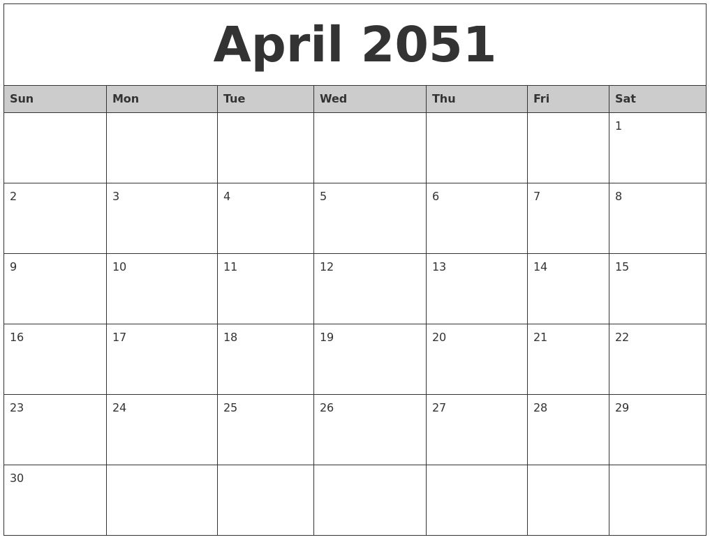 April 2051 Monthly Calendar Printable