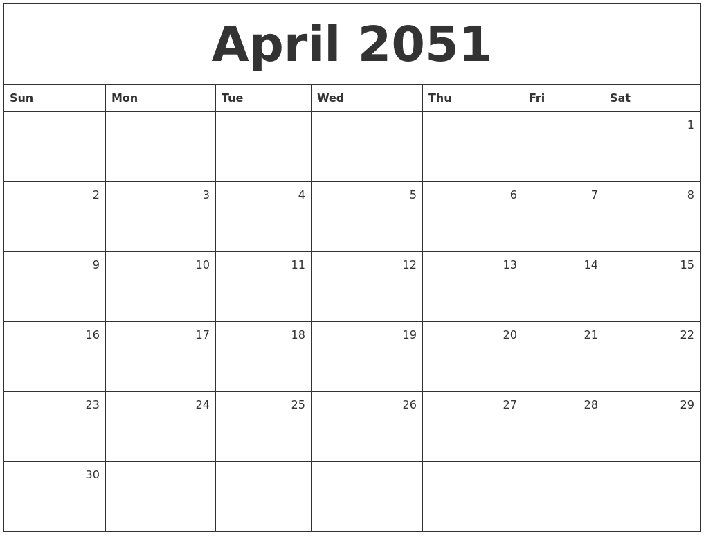 April 2051 Monthly Calendar