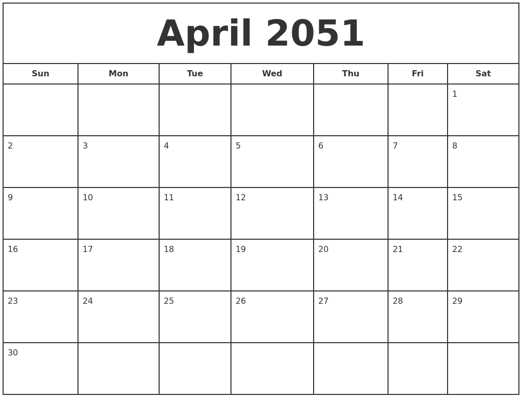 April 2051 Print Free Calendar