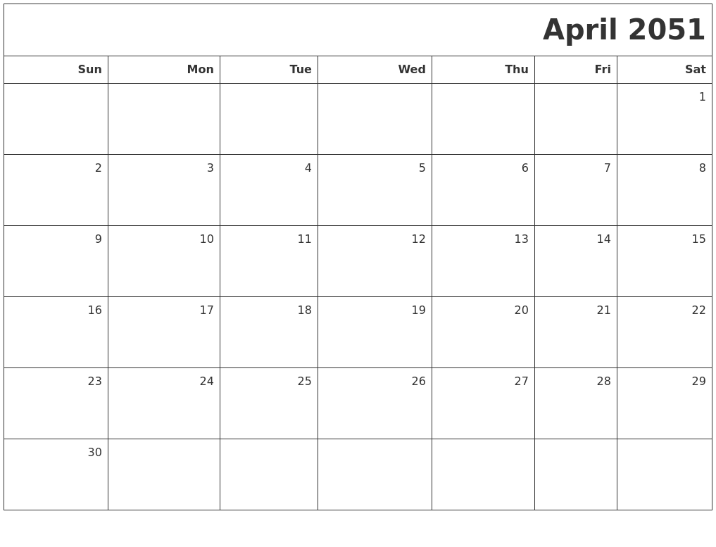 April 2051 Printable Blank Calendar