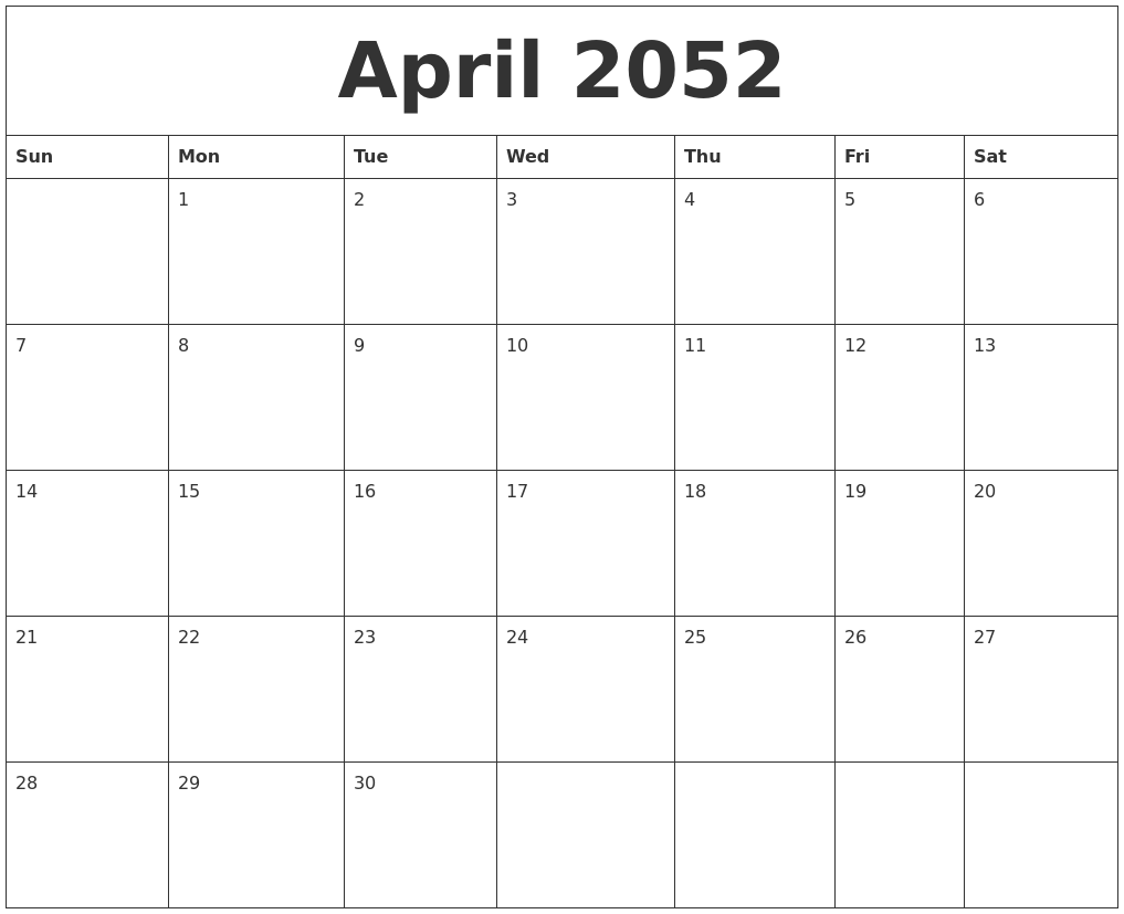 April 2052 Birthday Calendar Template