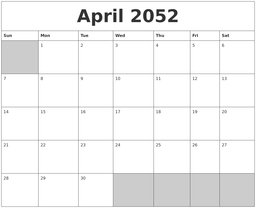 April 2052 Blank Printable Calendar