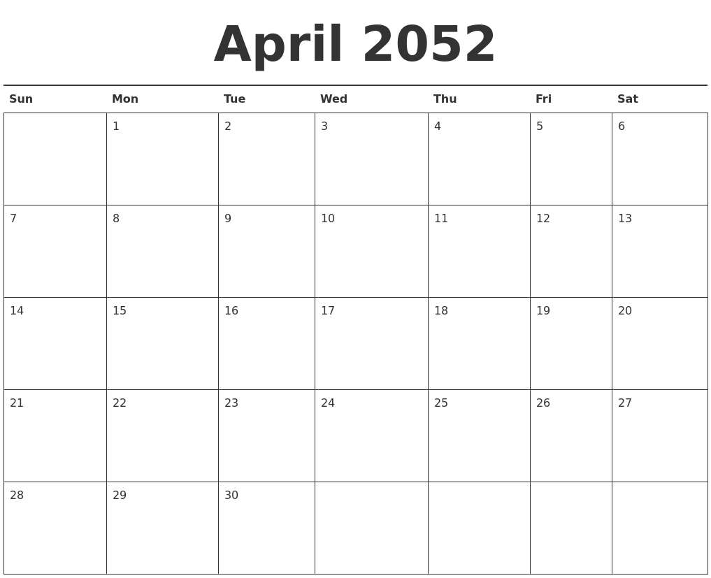 April 2052 Calendar Printable