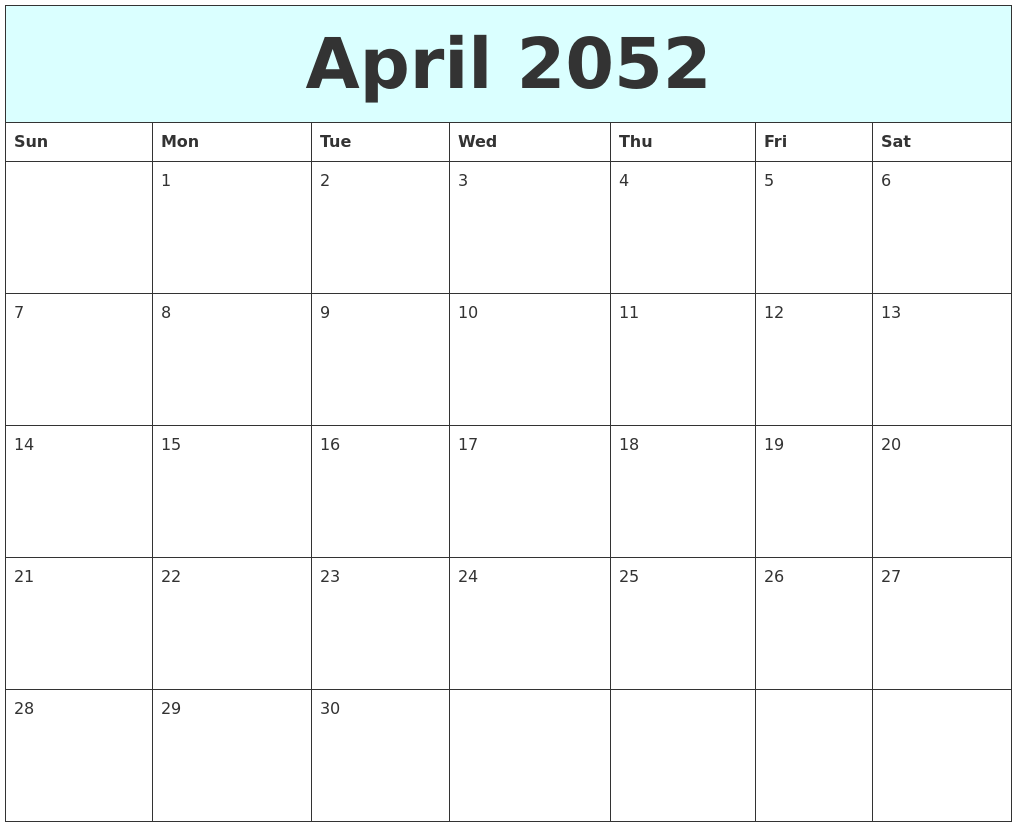 April 2052 Free Calendar