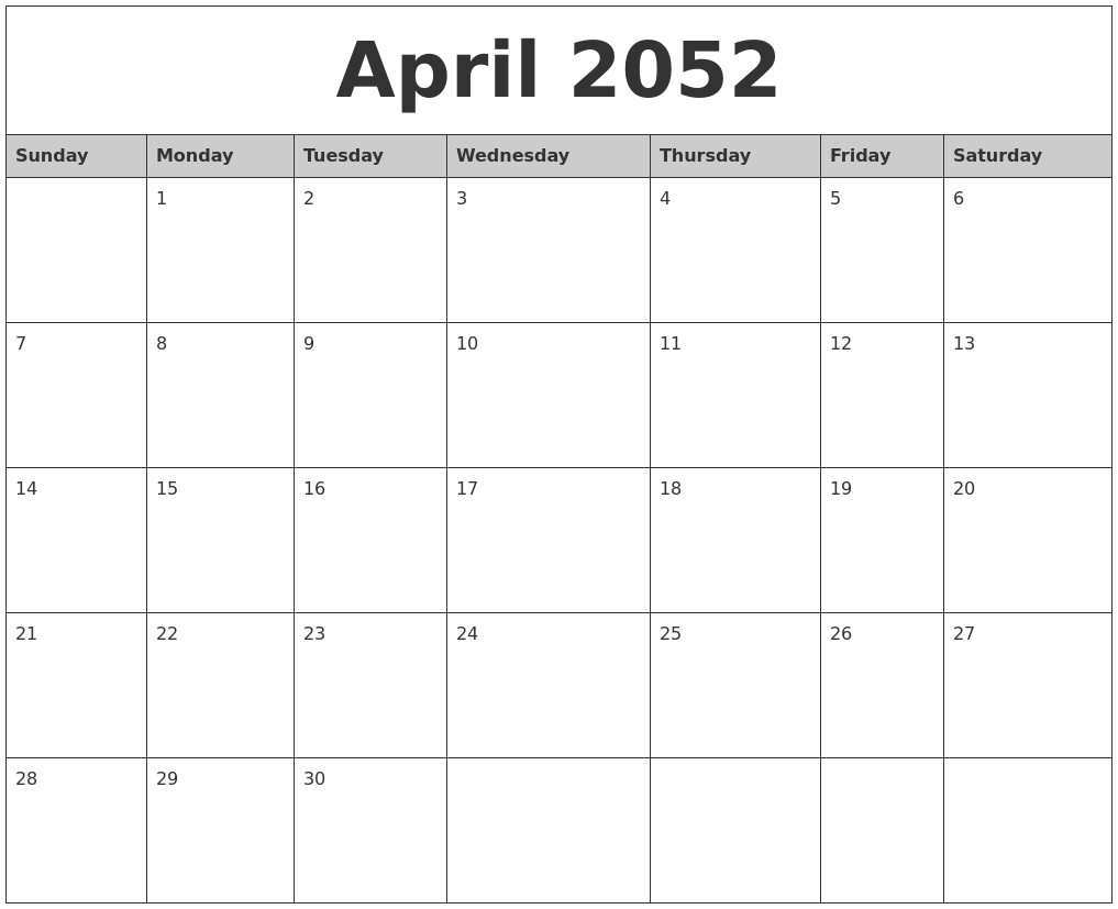 April 2052 Monthly Calendar Printable
