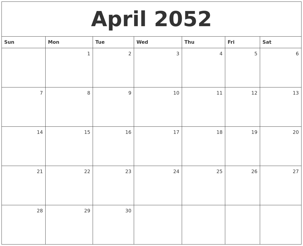 April 2052 Monthly Calendar