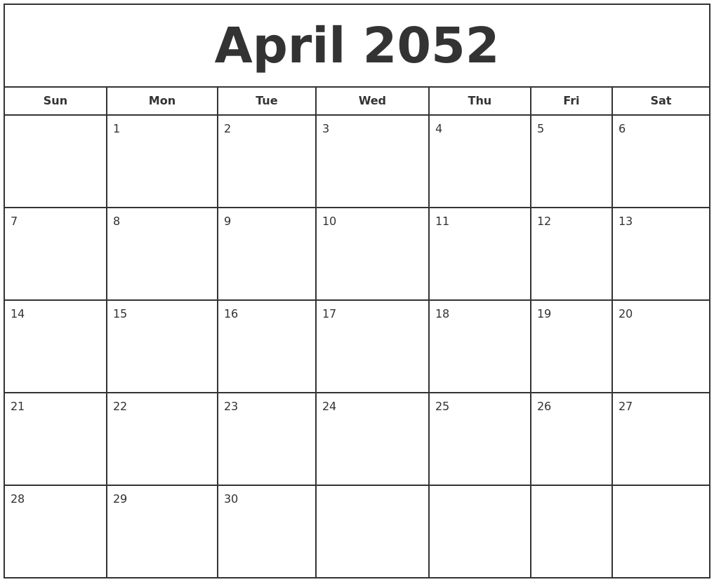 April 2052 Print Free Calendar