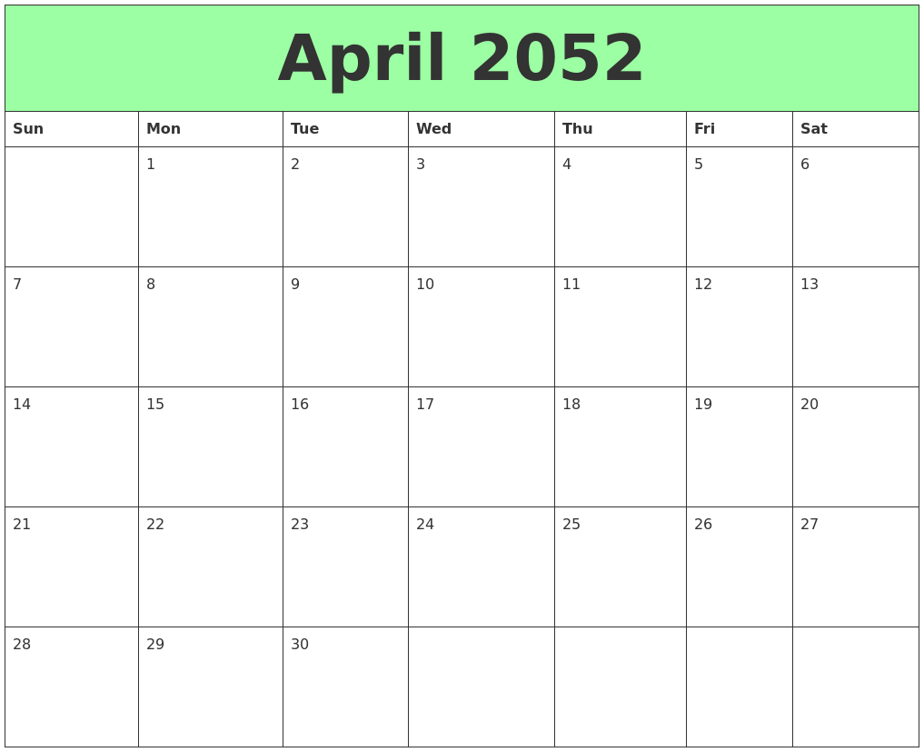 April 2052 Printable Calendars