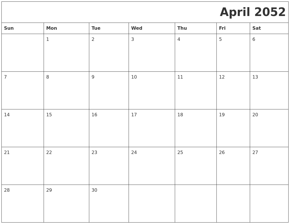 April 2052 Printable Calender