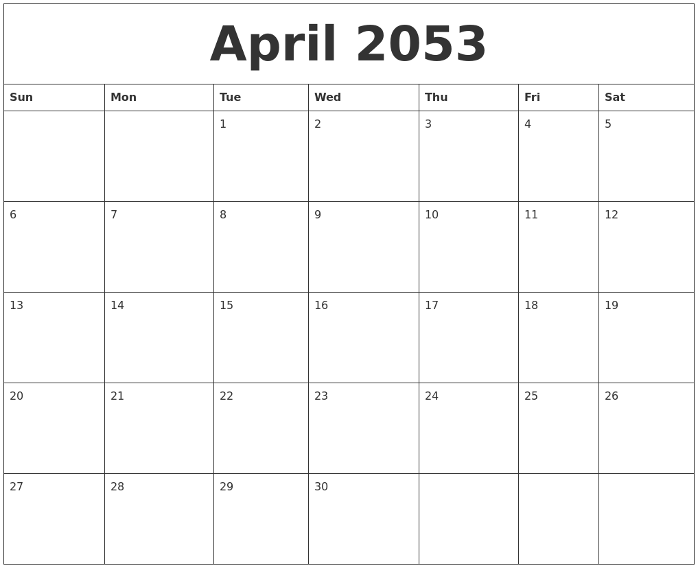 April 2053 Birthday Calendar Template