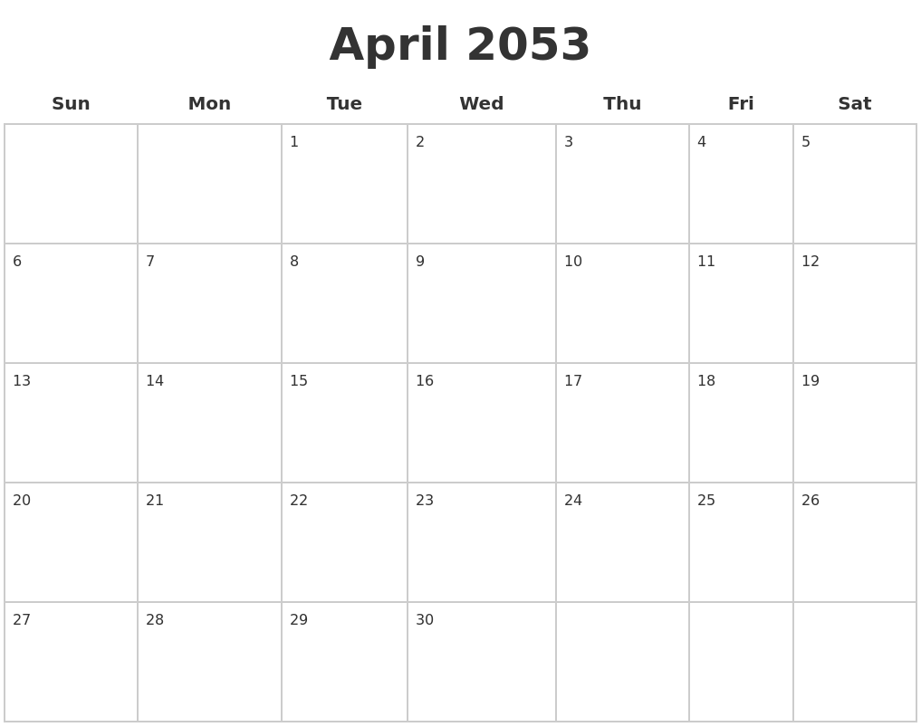 April 2053 Blank Calendar Pages