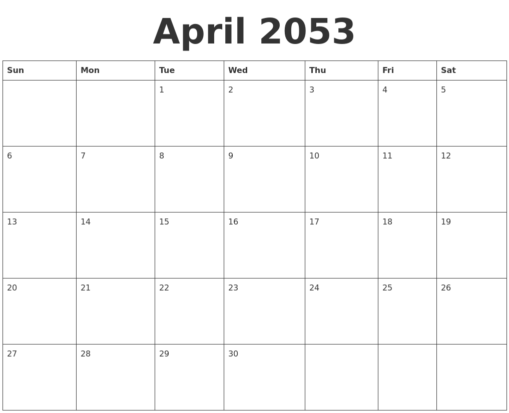 April 2053 Blank Calendar Template