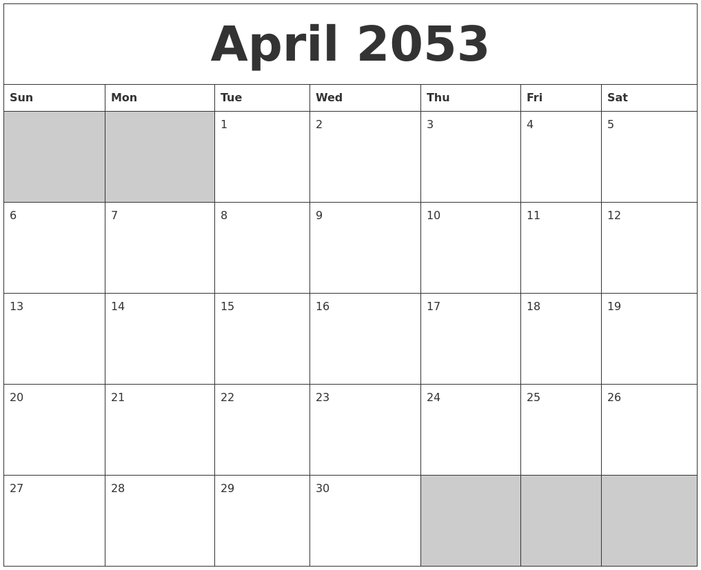 April 2053 Blank Printable Calendar