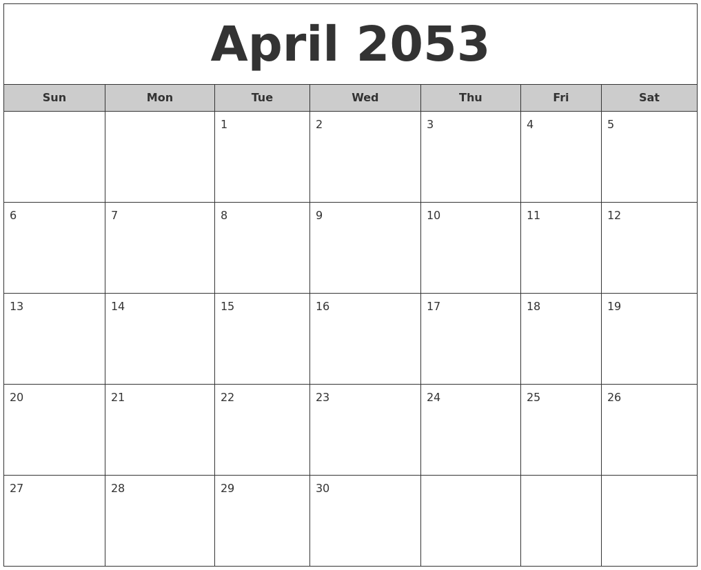 April 2053 Free Monthly Calendar