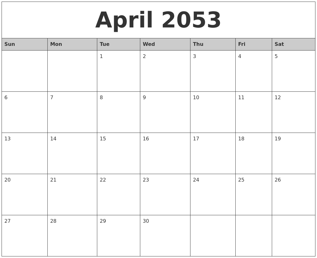 April 2053 Monthly Calendar Printable