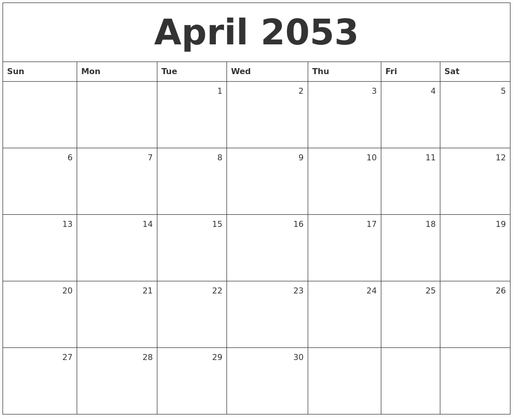 April 2053 Monthly Calendar