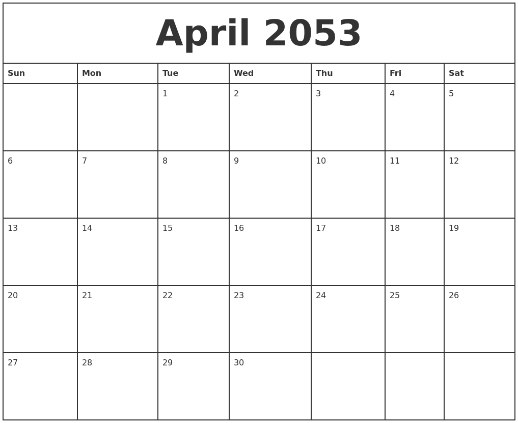 April 2053 Printable Monthly Calendar