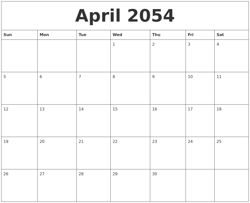 April 2054 Birthday Calendar Template