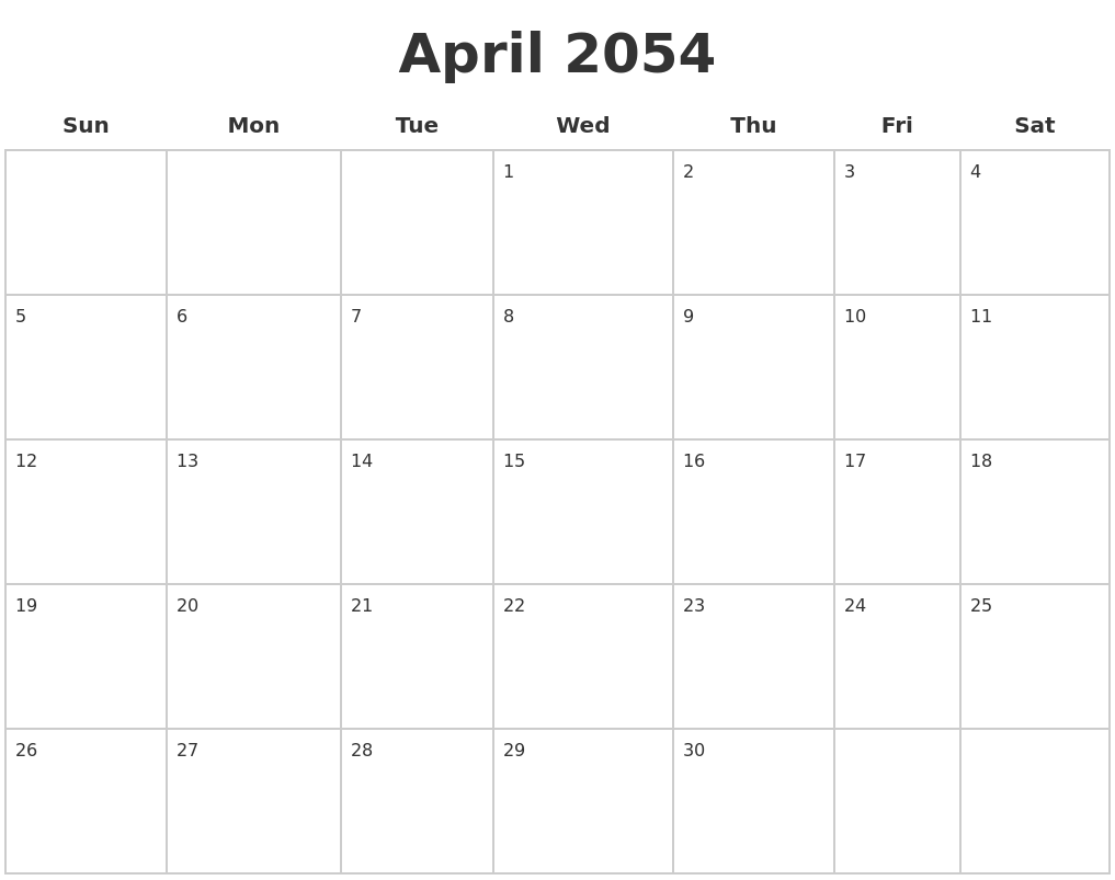 April 2054 Blank Calendar Pages