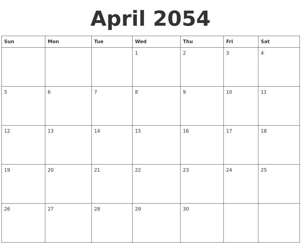 April 2054 Blank Calendar Template