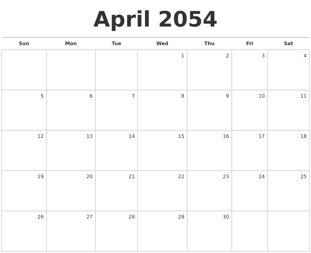 April 2054 Blank Monthly Calendar