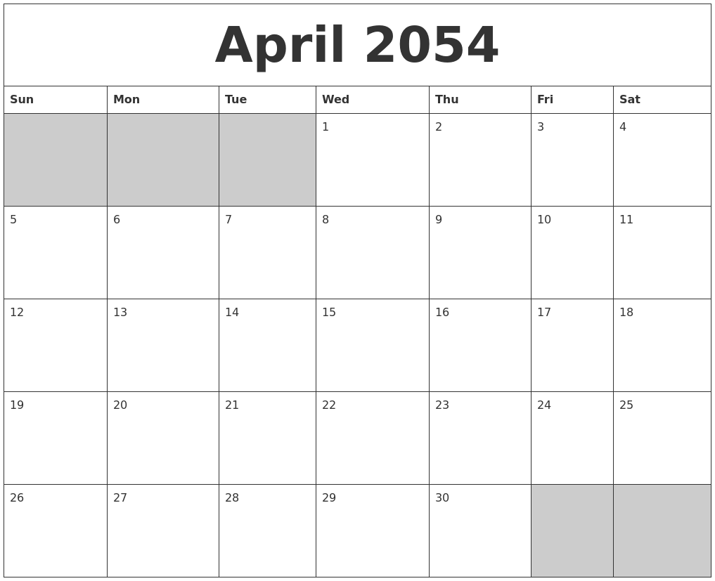 April 2054 Blank Printable Calendar