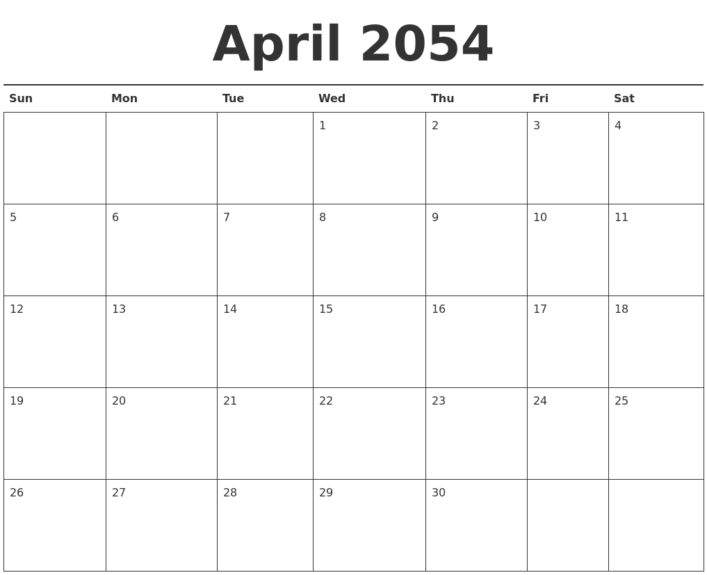April 2054 Calendar Printable
