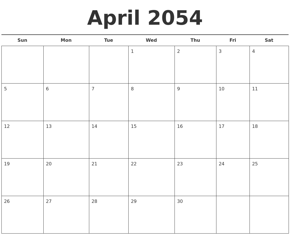 April 2054 Free Calendar Template
