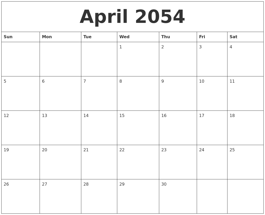 April 2054 Print Monthly Calendar
