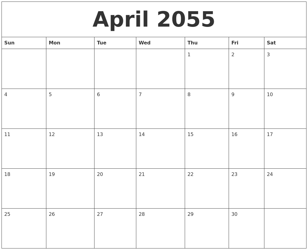 April 2055 Birthday Calendar Template