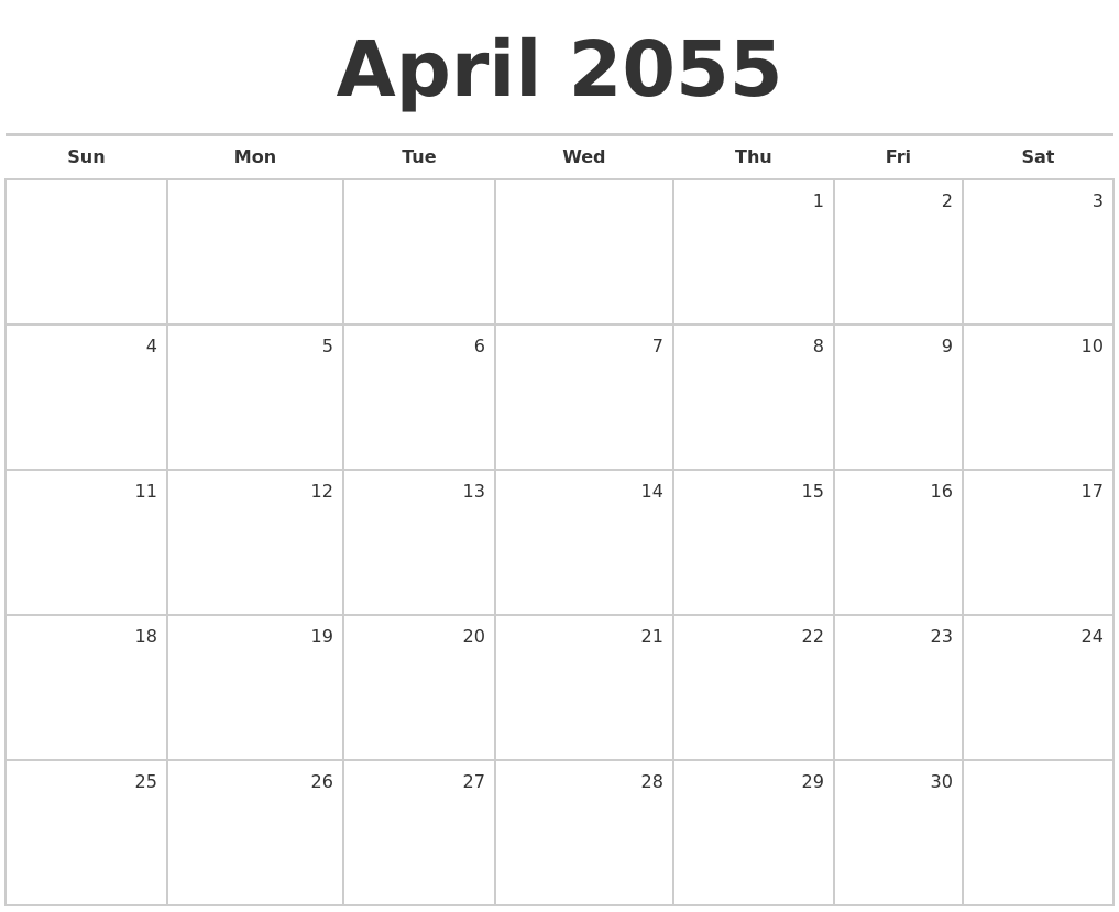 April 2055 Blank Monthly Calendar