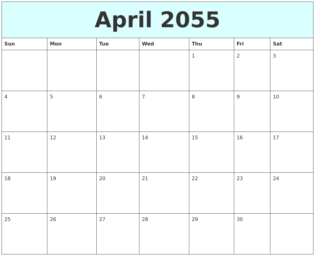 April 2055 Free Calendar