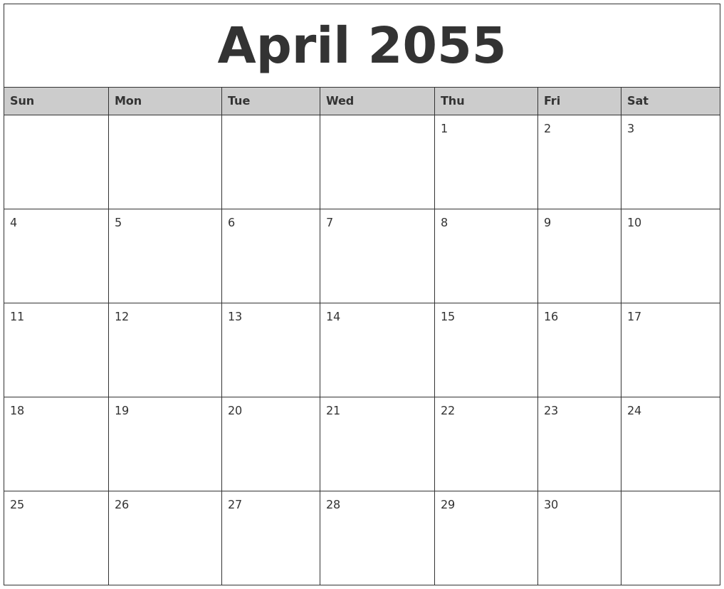 April 2055 Monthly Calendar Printable