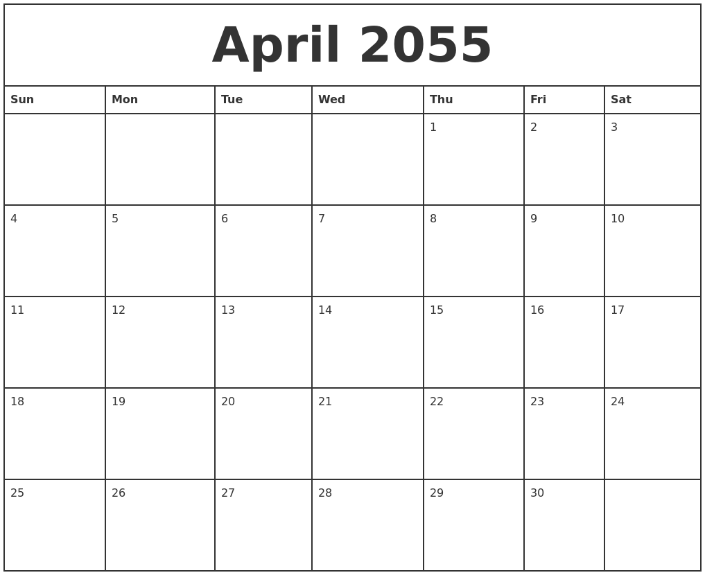 April 2055 Printable Monthly Calendar