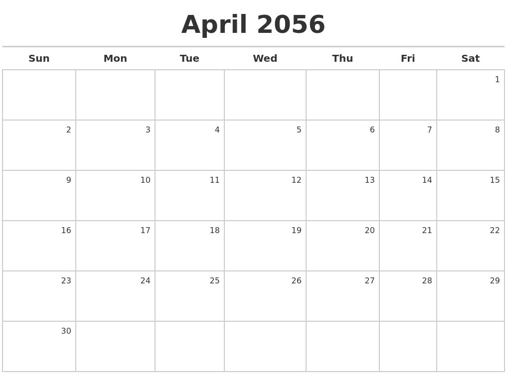 April 2056 Calendar Maker