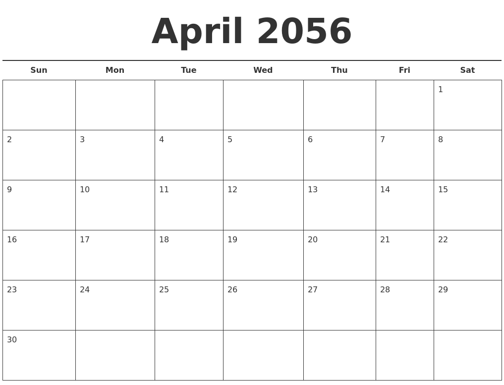 April 2056 Free Calendar Template
