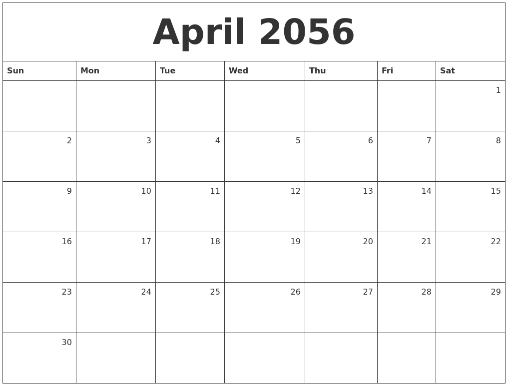 April 2056 Monthly Calendar