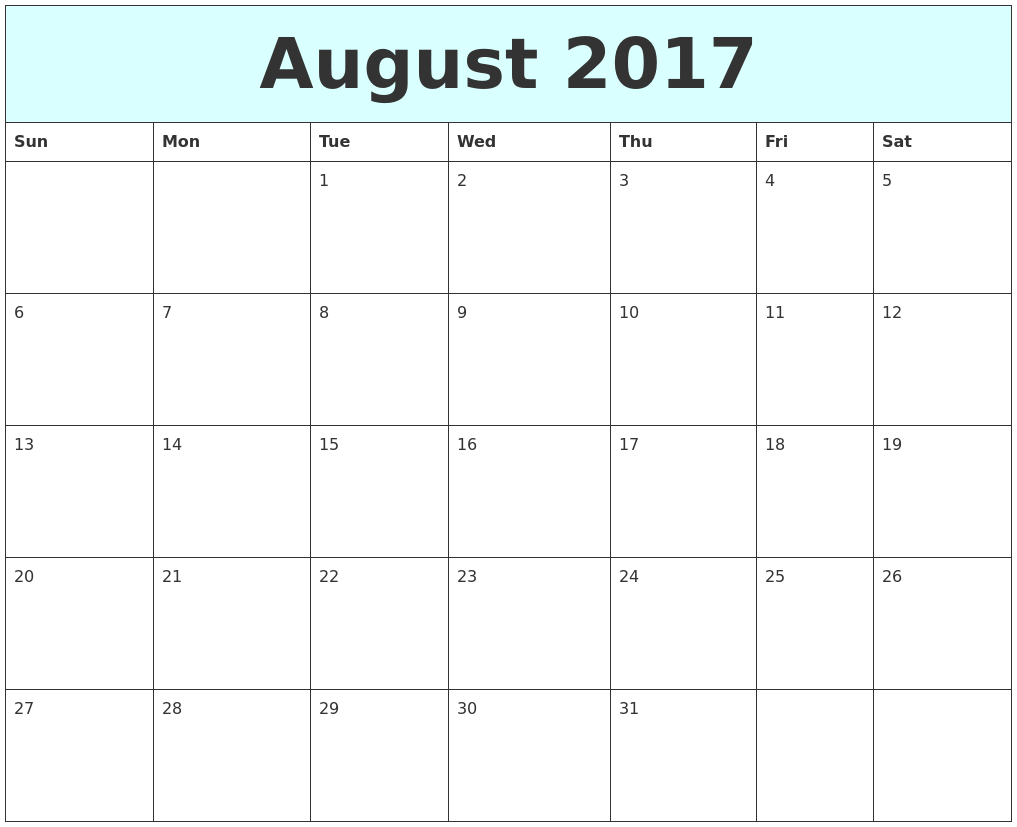 August 2017 Free Calendar