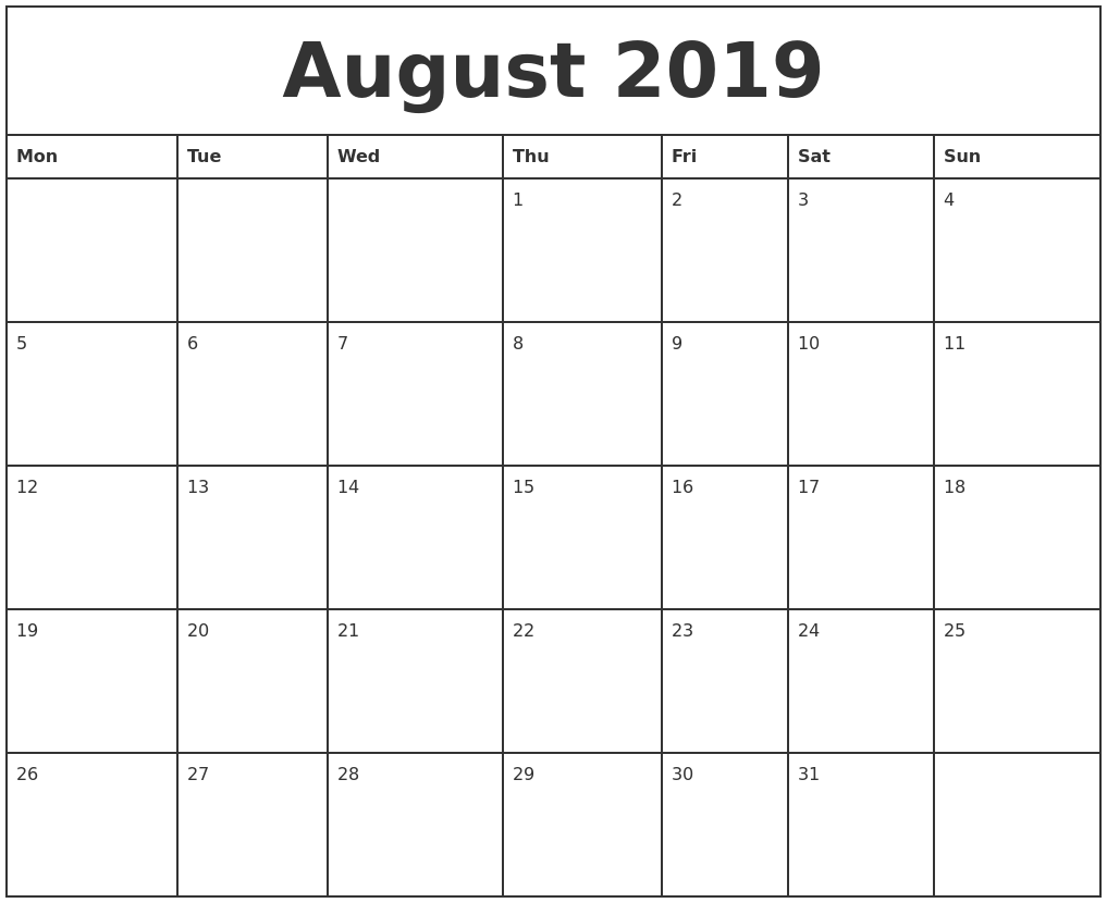 August 2019 Printable Monthly Calendar