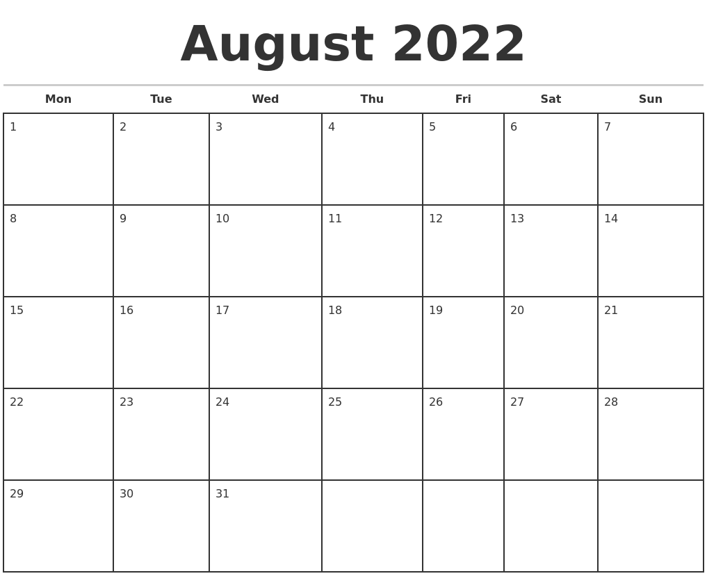 Printable Monthly Calendar August 2022 Printable World Holiday