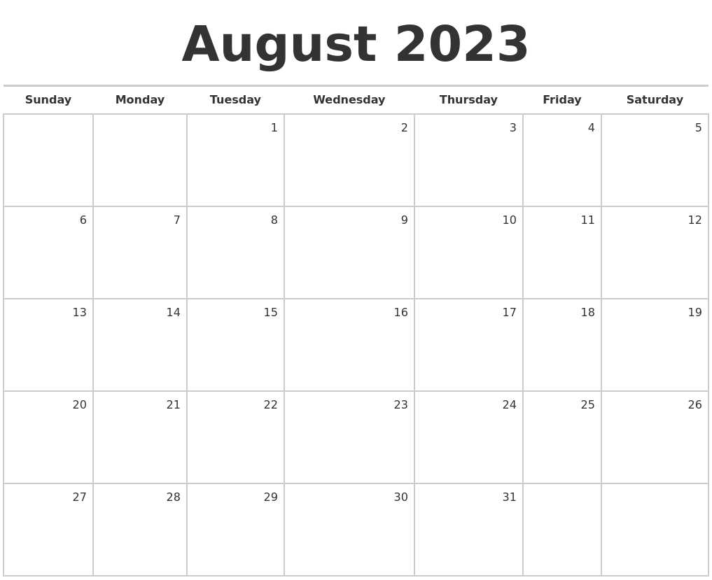 August 2023 Monthly Calendar Printable Free