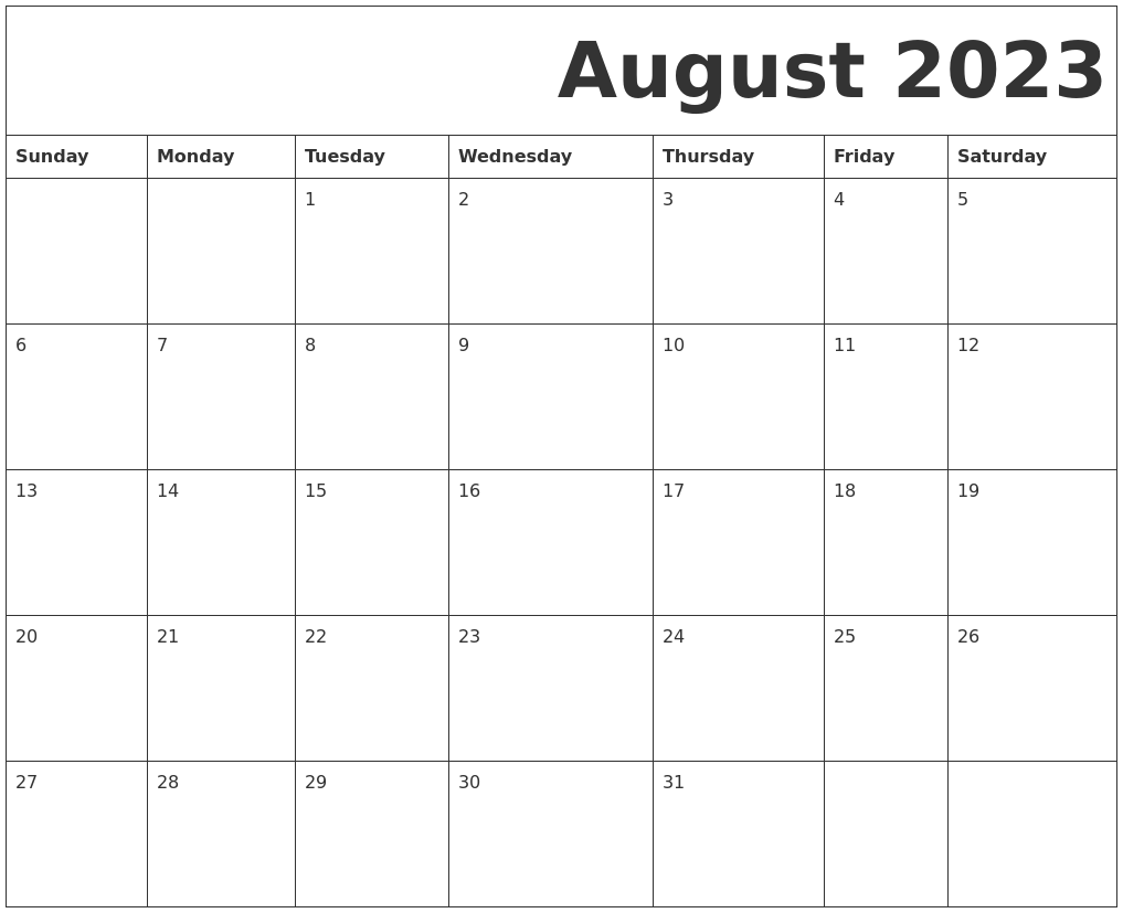 August 2023 Free Printable Calendar