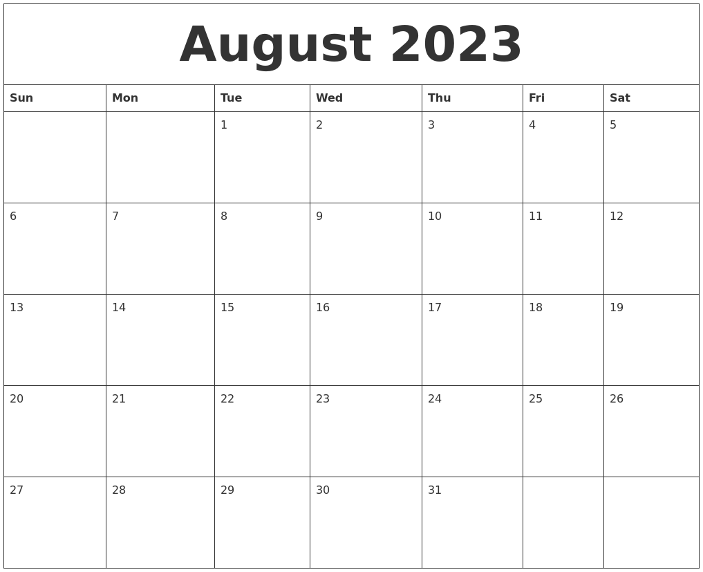 August 2023 Print Online Calendar